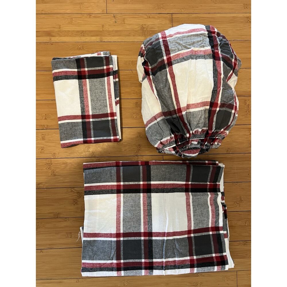Twin Flannel Sheet Set Red White Plaid New 100% Cotton Made In Portugal